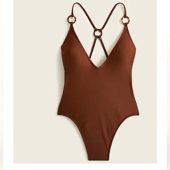 NWT J. Crew Brown O-ring V-neck One Piece Swimsuit - Picture 3 of 4